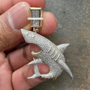 Iced Out Shark Pendant, Moissanite Diamond 3D Shark pendant, 925 Sterling Silver, Rapper Pendant, 14k Yellow Gold Finish, Gift For Him