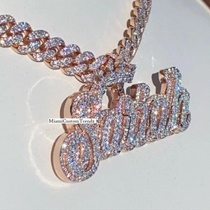 Cursive Font Letter Pendant, Real Moissanite Name Pendant, Crown Bail, 925 Silver, Iced Out Letter, Custom Design, 14k Rose Gold Over, Gift