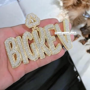 Colgante con nombre de doble capa, colgante con letra de moissanita real, letra Iced Out, plata de ley 925, acabado en oro amarillo de 14 quilates, positivo en el probador