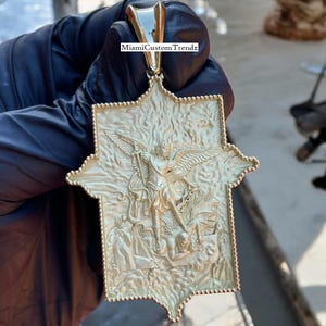Colgante de San Miguel Arcángel de plata maciza 925, colgante de cruz 3D, colgante de rapero para hombre, acabado en oro amarillo de 14 k, regalo de cumpleaños, regalo de Navidad