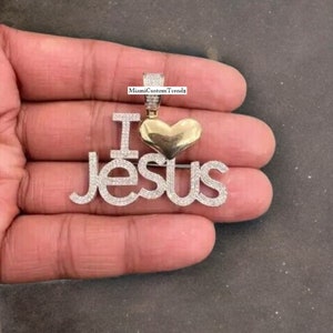 Colgante unisex I Love Jesus Letter, colgante único de hip hop, corazón sólido, plata 925, acabado en oro de 14 k, positivo en el probador, regalo de Navidad