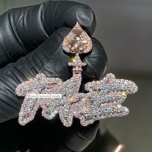 Colgante de letra de doble capa, colgante con nombre de diamante de moissanita, fuente personalizada, colgante helado, acabado en oro rosa de 14 k, positivo en el probador