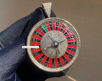 Men&#39;s 3D Roulette Wheel pendant, Moissanite Spin Pendant, 925 Silver, Enamel Painting Pendant, 14k Yellow Gold Finish, Birthday Gift Him