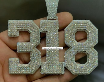 Colgante de número helado, colgante de número personalizado de diamante moissanita, colgante de hip hop, oro blanco de 14 k terminado, positivo en el probador, regalo de cumpleaños