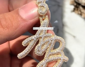 Real Moissanite Two Layer letter Pendant, Custom Name Men Pendant, Iced Out Pendant, 925 Sterling Silver, 14k Rose Gold Finish, Gift Idea
