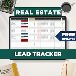 May include: A computer screen displaying a spreadsheet with the title "REAL ESTATE LEAD TRACKER". The spreadsheet has columns for client name, status, lead score, last contact, email, phone number, contact attempt, and engage. The spreadsheet is filled with data about real estate leads.