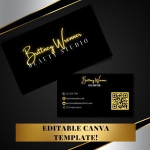 Luxury Business Card Templates, Black and Gold, Canva Templates, DIY,  Card With QR Code, Minimal Design, Hair Stylist, Lash, Make Up Artist