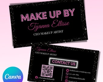 Plantilla de tarjeta de visita de belleza de lujo rosa y brillante, bricolaje, tarjeta de visita editable única, plantilla Canva, descarga instantánea