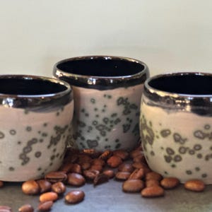 May include: Three ceramic cups with a speckled light gray and dark green exterior and a smooth black interior. The cups have a rounded shape and are arranged together, surrounded by scattered roasted brown coffee beans.