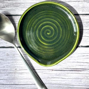 Olive Green Pottery Spoon Rest: Handmade Kitchen Decor (5 inch)