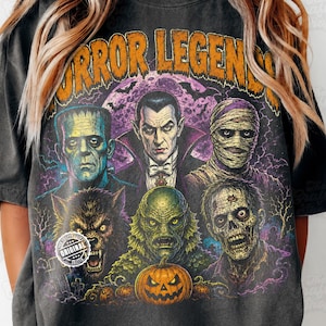 Horror Legends Halftone PNGs, Color & White Versions Included, Vintage Halloween Monster Design for Dark Shirts Only PNG