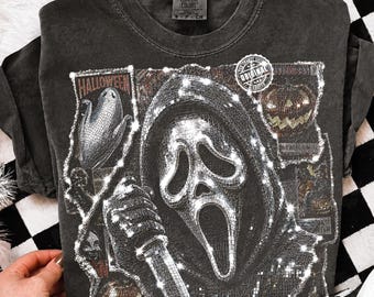 Horror Movie PNG, Disco Ghost Face Graphic Tee Design, Mirror Ball Slasher Art, Retro Halloween Dark Shirt PNG, Digital Download