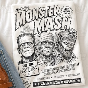 Monster Mash PNG, Classic Monsters Graphic Tee Design, Vintage Horror Halloween Shirt PNG, Retro Creature Art, Digital Download