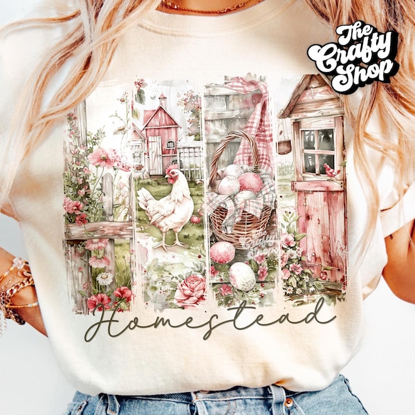 Homestead PNG Digital File for Sublimation and DTF Printing, Cottagecore Farm Art with Chicken Bread Flowers Vintage Printable Design