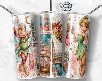 Neverland Fairy Christmas Tumbler Wrap PNG, Magical Flying Boy Watercolor Sublimation, Fantasy Winter Cup Design