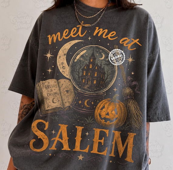 Meet Me At Salem PNG, Witchy Halloween Graphic Tee Design, Vintage Spooky Season Art, Haunted House Dark Shirt PNG, Digital Download