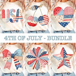 Pode incluir: Seis camisetas creme com designs patrióticos. Os designs incluem a palavra "USA", cerejas, um coração, um laço, uma flor e uma estrela, todos em patchwork vermelho, branco e azul. O texto "4TH OF JULY - BUNDLE" é exibido.