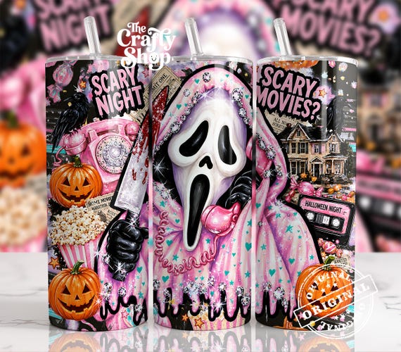 Pink Horror 20oz Tumbler Wrap PNG, Halloween Movie Night Tumbler, Masked Horror Skinny Tumbler Design, Spooky Halloween Sublimation Wrap