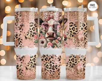 Floral Leopard Cow Tumbler Wrap, Cow 40 Oz Tumbler Wrap PNG, Cow Print Tumbler Design, Country Tumbler PNG Digital Design