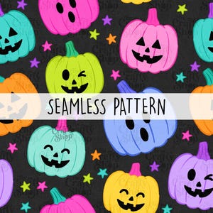 Pode incluir: Um padrão contínuo com abóboras de Halloween coloridas em tons de rosa, verde-limão, laranja, azul e roxo sobre um fundo cinza-escuro. As abóboras têm várias expressões faciais e estão rodeadas por pequenas estrelas de cores néon.