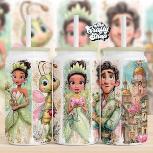 May include: Three glass tumblers with lids and straws, each featuring a different character from a fairytale. The tumblers have a white background with illustrations of a princess, a bug, a prince, and a castle. The text "The Crafty Shop" is visible.