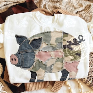 Patchwork Pig Faux Embroidery PNG, Farmhouse Camo Denim Pig Design, Rustic Country Western Sublimation Shirt File