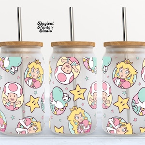 Princess Peach Tumbler Nahtlose Verpackung, 16 Unzen Glasdosenverpackung, 16 Unzen Libbey Dosenglas, Super Mario Tumblerverpackung, Vollglasdosenverpackung