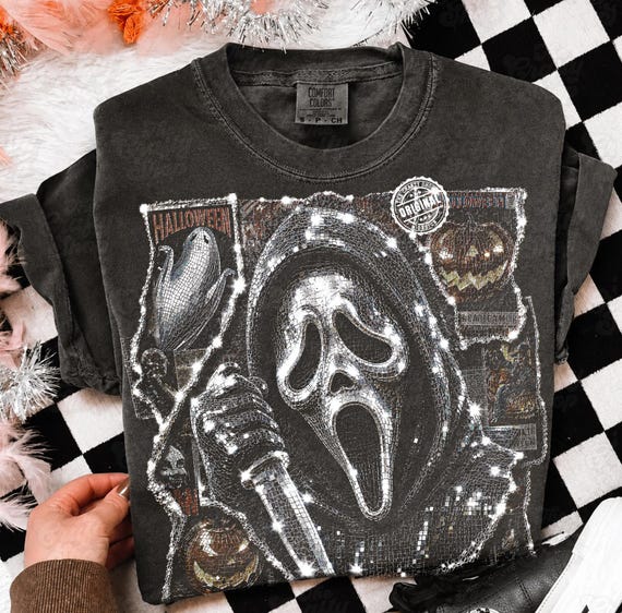 Horror Movie PNG, Disco Ghost Face Graphic Tee Design, Mirror Ball Slasher Art, Retro Halloween Dark Shirt PNG, Digital Download