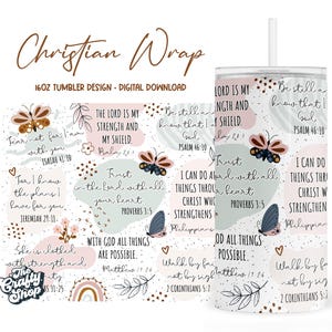 Pode incluir: Um copo de 16 onças com fundo branco, adornado com formas em tons pastel, borboletas e versículos bíblicos inspiradores. O design inclui as palavras "Christian Wrap" e o logotipo "The Crafty Shop".