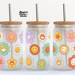 Happy Daisies 16oz Libbey Can Wrap PNG, Retro Daisy wraps PNG, Daisy glass can wrap, Groovy wraps, Daisy Glass Can wrap, Libbey Can Design