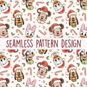 May include: A seamless pattern design featuring cartoon characters Mickey Mouse, Minnie Mouse, Pluto, Donald Duck, and Daisy Duck in Santa hats. The design includes candy canes and snowflakes on a cream background. The text "SEAMLESS PATTERN DESIGN" is displayed.