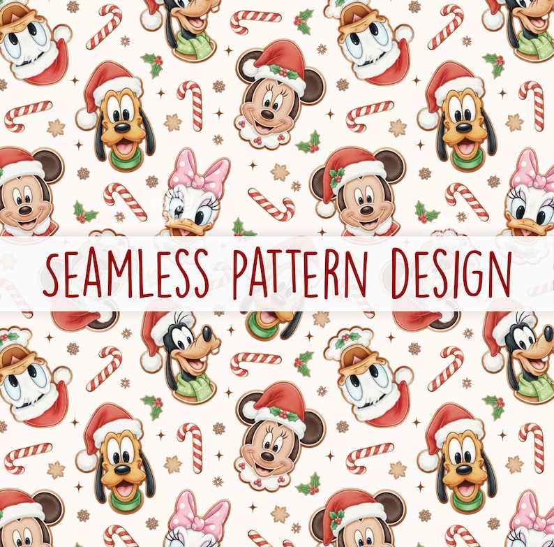 May include: A seamless pattern design featuring cartoon characters Mickey Mouse, Minnie Mouse, Pluto, Donald Duck, and Daisy Duck in Santa hats. The design includes candy canes and snowflakes on a cream background. The text "SEAMLESS PATTERN DESIGN" is displayed.