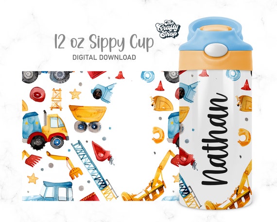 Construction Cars 12oz Kids Flip Top Sippy Cup Tumbler Wrap, Add A Name 12oz Straight Children's Toddlers Tumbler Sublimation Design PNG