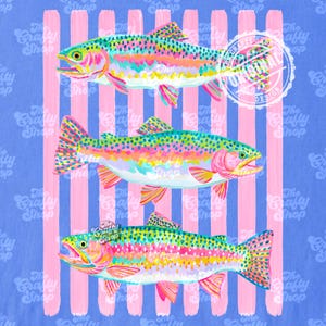 May include: An illustration featuring three rainbow trout in vibrant colours against a blue backdrop with pink stripes. The fish are painted with green, yellow, pink, and orange. The image has a playful, artistic style, with the text "The Crafty Shop" visible.
