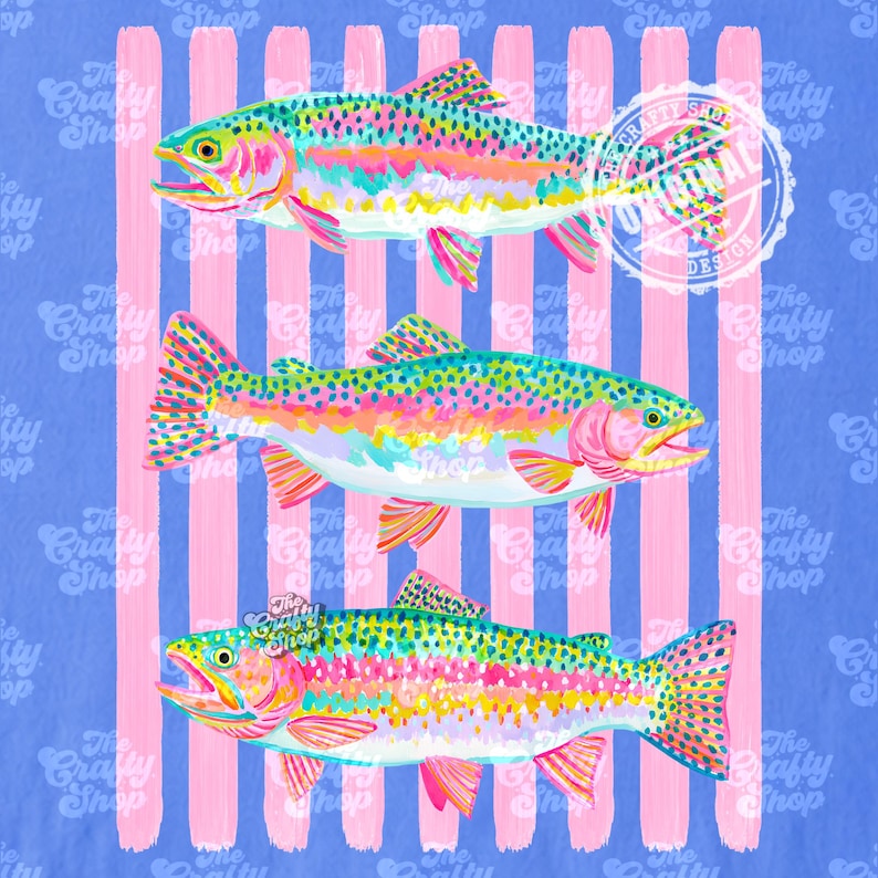 May include: An illustration featuring three rainbow trout in vibrant colours against a blue backdrop with pink stripes. The fish are painted with green, yellow, pink, and orange. The image has a playful, artistic style, with the text "The Crafty Shop" visible.