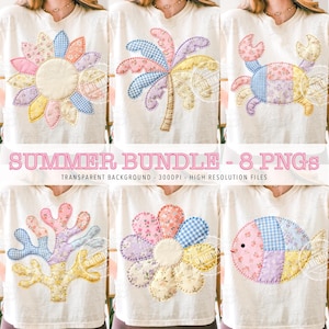 Op de afbeelding: T-shirts met kleurrijke patchwork-ontwerpen. De ontwerpen omvatten een bloem, palmboom, krab, koraal, een andere bloem en een vis. De tekst "SUMMER BUNDLE - 8 PNGs" staat in roze letters.