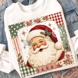 Vintage Santa PNG, Patchwork Christmas Santa PNG, Retro Santa Claus Shirt Design, Cottage Christmas PNG, Holiday Santa Graphic