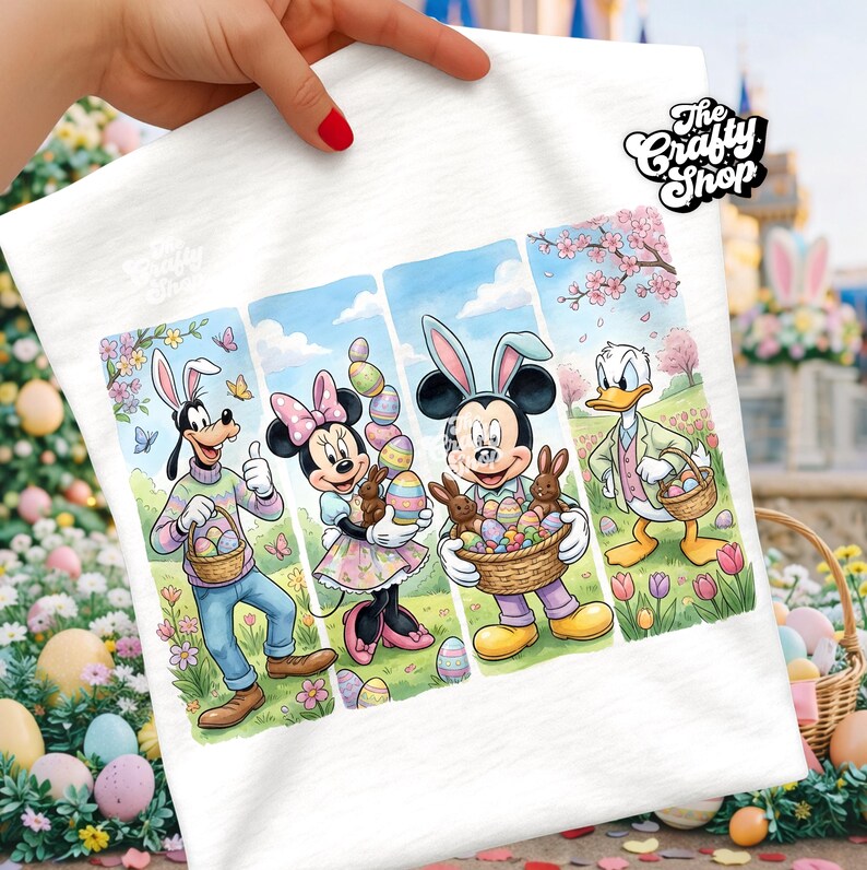 May include: White t-shirt featuring an Easter-themed illustration with Disney characters Goofy, Minnie Mouse, Mickey Mouse, and Donald Duck. Each character is wearing bunny ears and holding Easter eggs and baskets. The text "The Crafty Shop" is in the upper right corner.