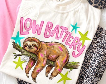 Funny Sloth PNG Design, Low Battery Summer Shirt PNG, Cute Lazy Animal Sublimation, Retro Preppy Sloth Graphic, Girly Vacation PNG