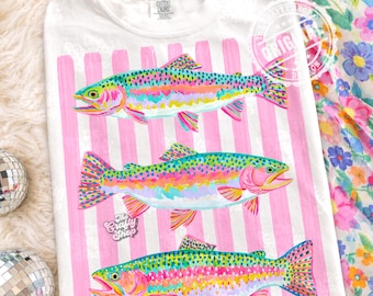 Colorful Trout PNG Sublimation Design, Retro Fishing PNG, Preppy Rainbow Fish Shirt Graphic Digital Download