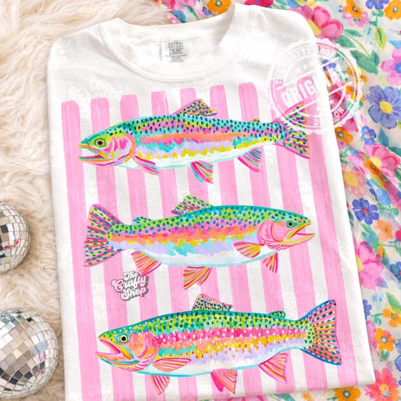 Colorful Trout PNG Sublimation Design, Retro Fishing PNG, Preppy Rainbow Fish Shirt Graphic Digital Download