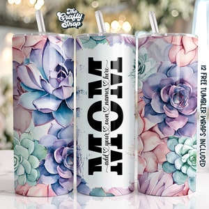 May include: Three stainless steel tumblers with a watercolor succulent design. The center tumbler has the word "TATA" written in black with the text "add your own names here" in a smaller font.