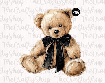 Teddy Bear PNG Clipart | Vintage Watercolor Bear with Black Bow | Cute Neutral Illustration for Sublimation, Stickers, Printing & Crafts