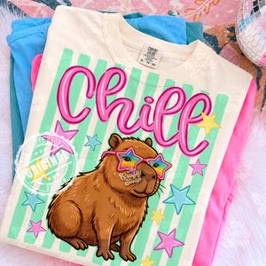 Op de afbeelding: Cr&egrave;mekleurig T-shirt met het woord "Chill" in roze script, een cartoon capibara met een bril in de vorm van een ster en sterren. Het shirt heeft een groen-witte gestreepte achtergrond en de tekst "The Crafty Shop Original Design".