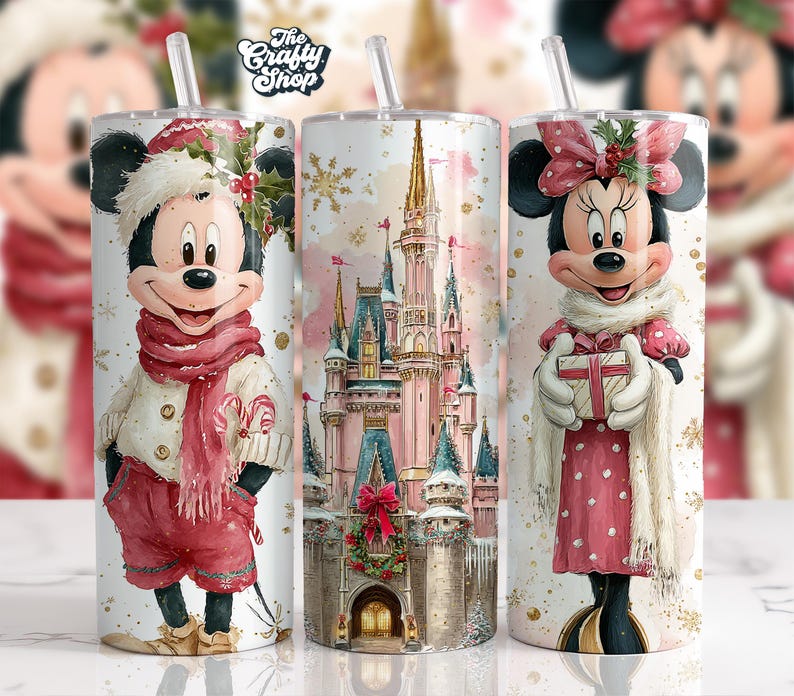 May include: Three stainless steel tumblers with festive designs. One features Mickey Mouse in winter attire, another shows Cinderella's castle, and the third depicts Minnie Mouse with a gift. Each tumbler has a straw and a seasonal design.