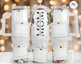 Mom Floral 40 Oz tumbler wrap downloads with photo frames and Kids Names png file for sublimation design Mom, 40 Oz tumbler template