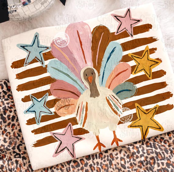 Pastel Turkey PNG Thanksgiving Sublimation Design Hand Painted Feather Boho Turkey Brown Stripes Stars T-Shirt Graphic Digital Download