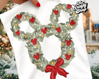 Christmas Mouse Wreath PNG for Sublimation & DTF | Festive Green Holiday Wreath with Red Bow | High Resolution Printable T Shirt Design