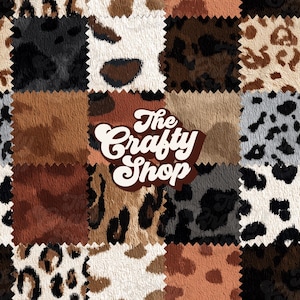 Pode incluir: Um design de patchwork com vários padrões de animais em tons de castanho, preto e branco. O design inclui padrões de leopardo, chita e outros com manchas. O texto "The Crafty Shop" é exibido em uma fonte retrô.