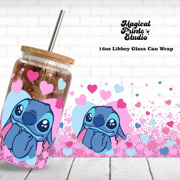 Stitch 16oz Glass Can Wrap, 16oz Libbey Can Glass, Stitch Tumbler Wrap, Full Glass Can Wrap, Cartoon Tumbler, Libbey wrap PNG